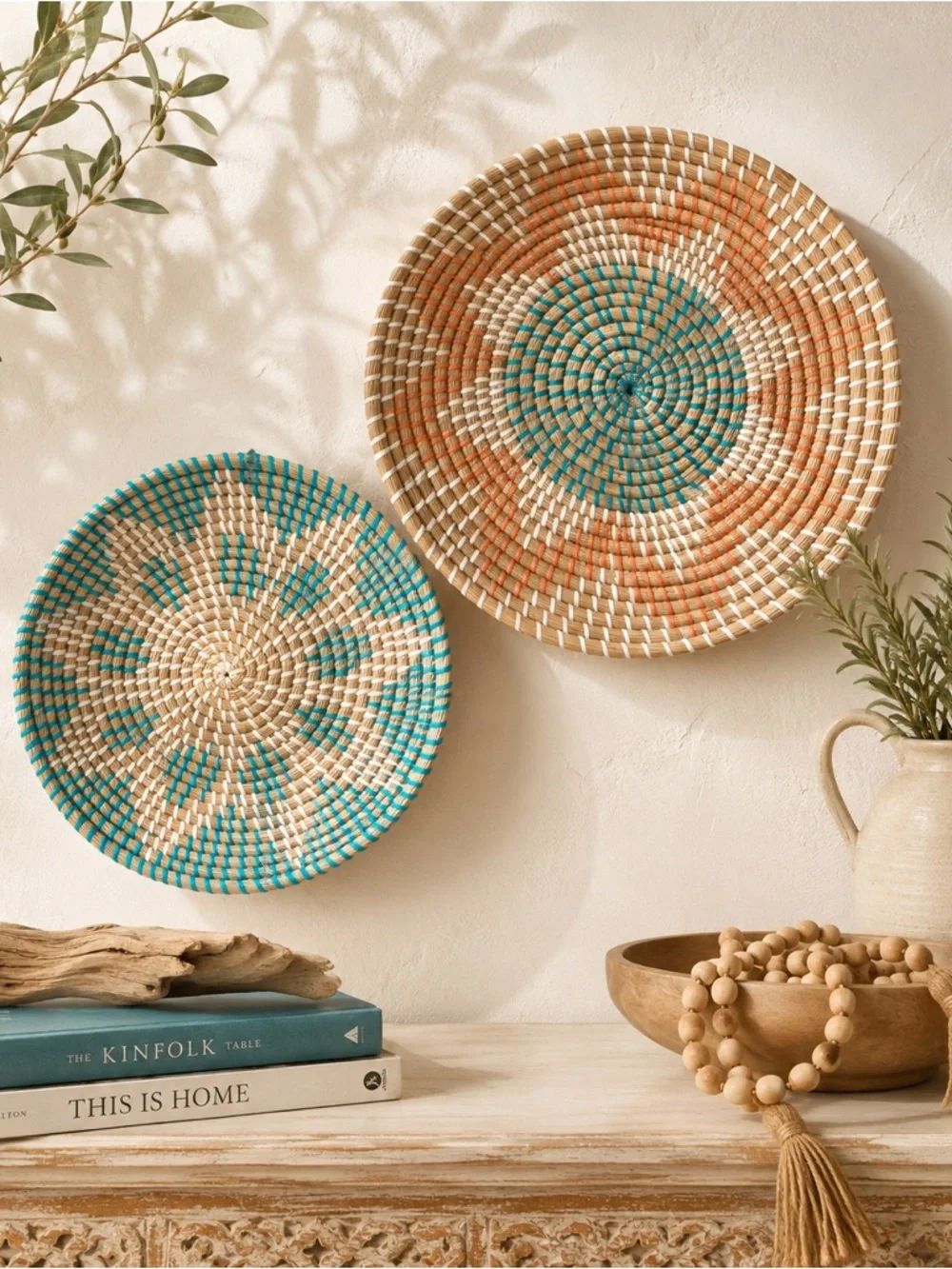 Set of 2 Handwoven Senegalese African Wall Baskets Turquoise Coral Boho Decor